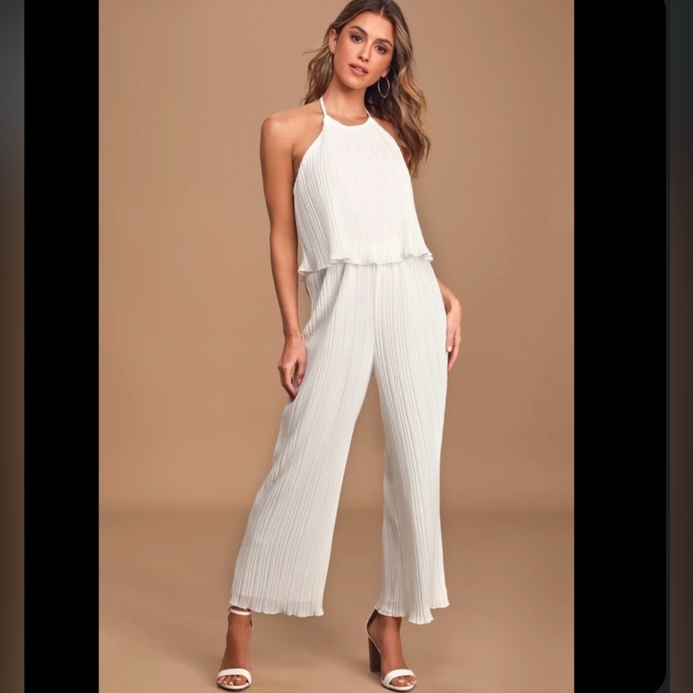 Lulu's White Pleated Halter Jumpsuit